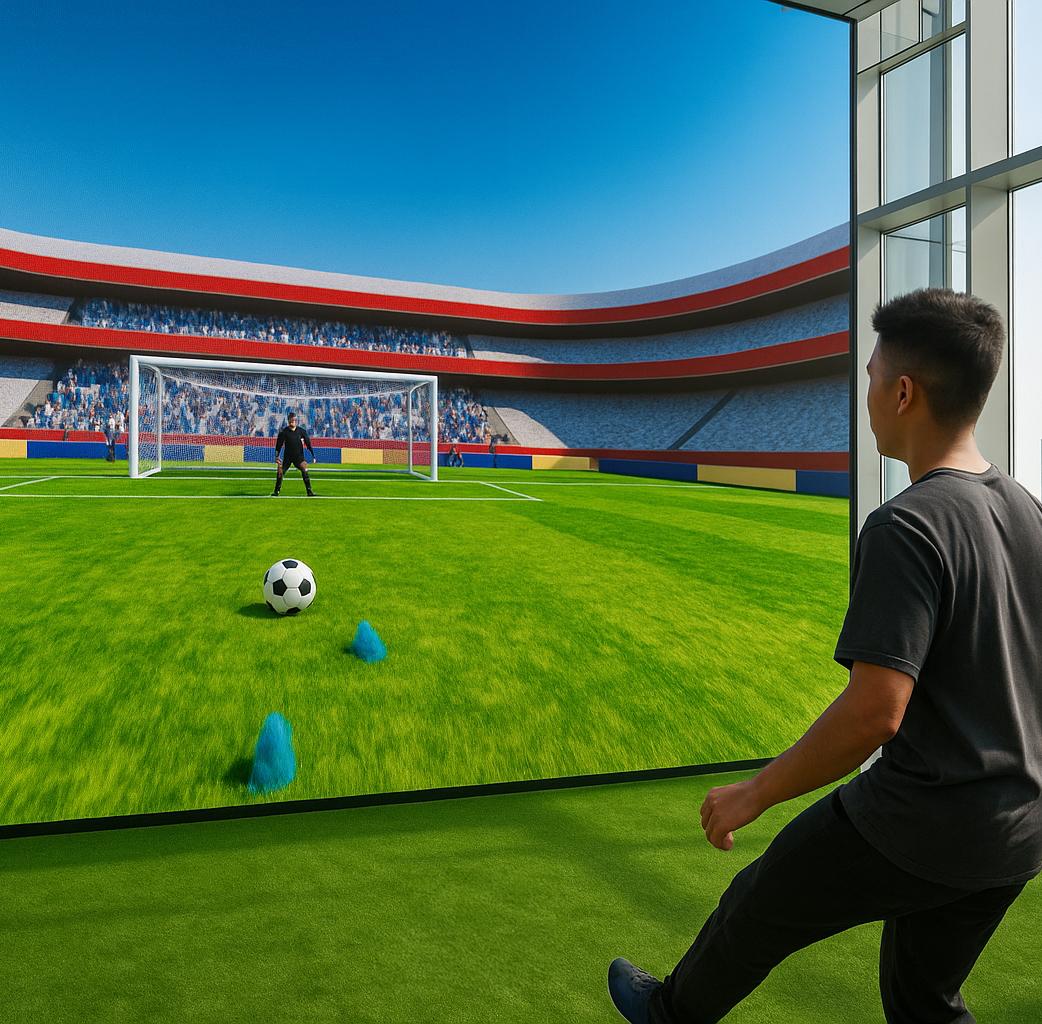 Guests playing a digital soccer penalty shootout game at an event, featuring real-time scoring, interactive gameplay, and customizable branding in the UAE